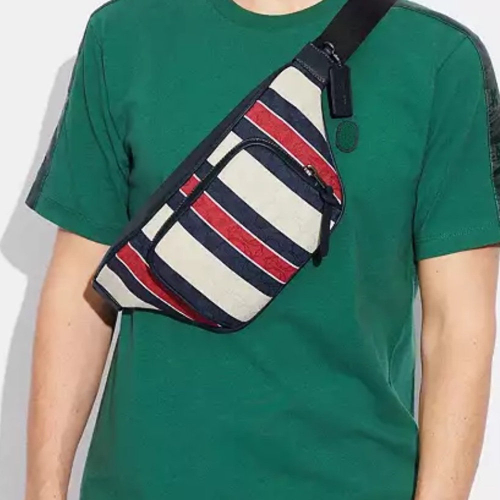 Coach - Thompson Belt Bag in Signature Jacquard  Striped Blue, Red, Off White